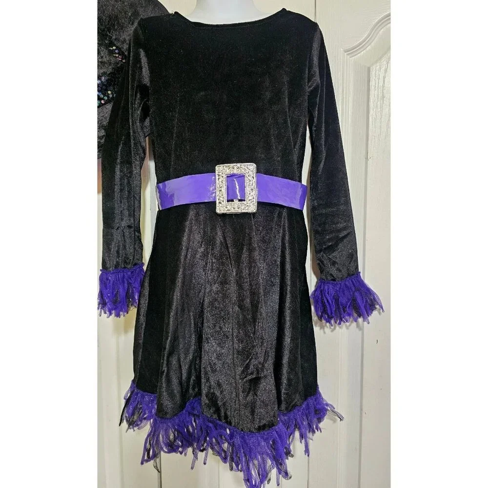 Purple Shredded Witch Costume Girls 4-6 Black Velvet Dress Hat Spirit Halloween - Picture 2 of 6